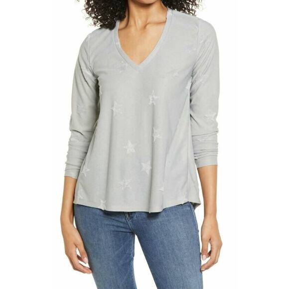 Bobeau Women's Flocked V-Neck Top Grey Stars Small MSRP $49 - Picture 1 of 3